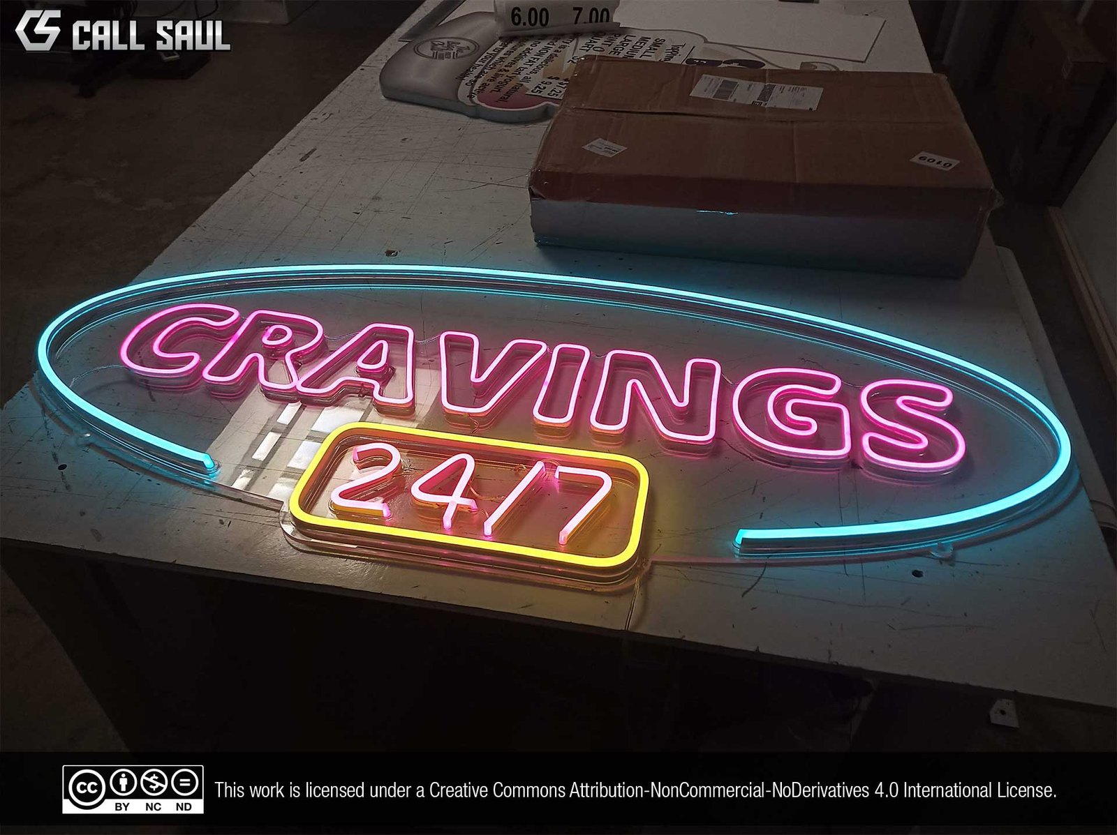 Cravings 24/7 Light Blue, Pink and Golden Yellow LED Neon Sign